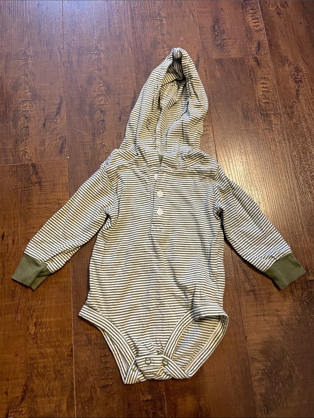 Carter’s Striped Hooded One-Piece Bodysuit in Olive and White
